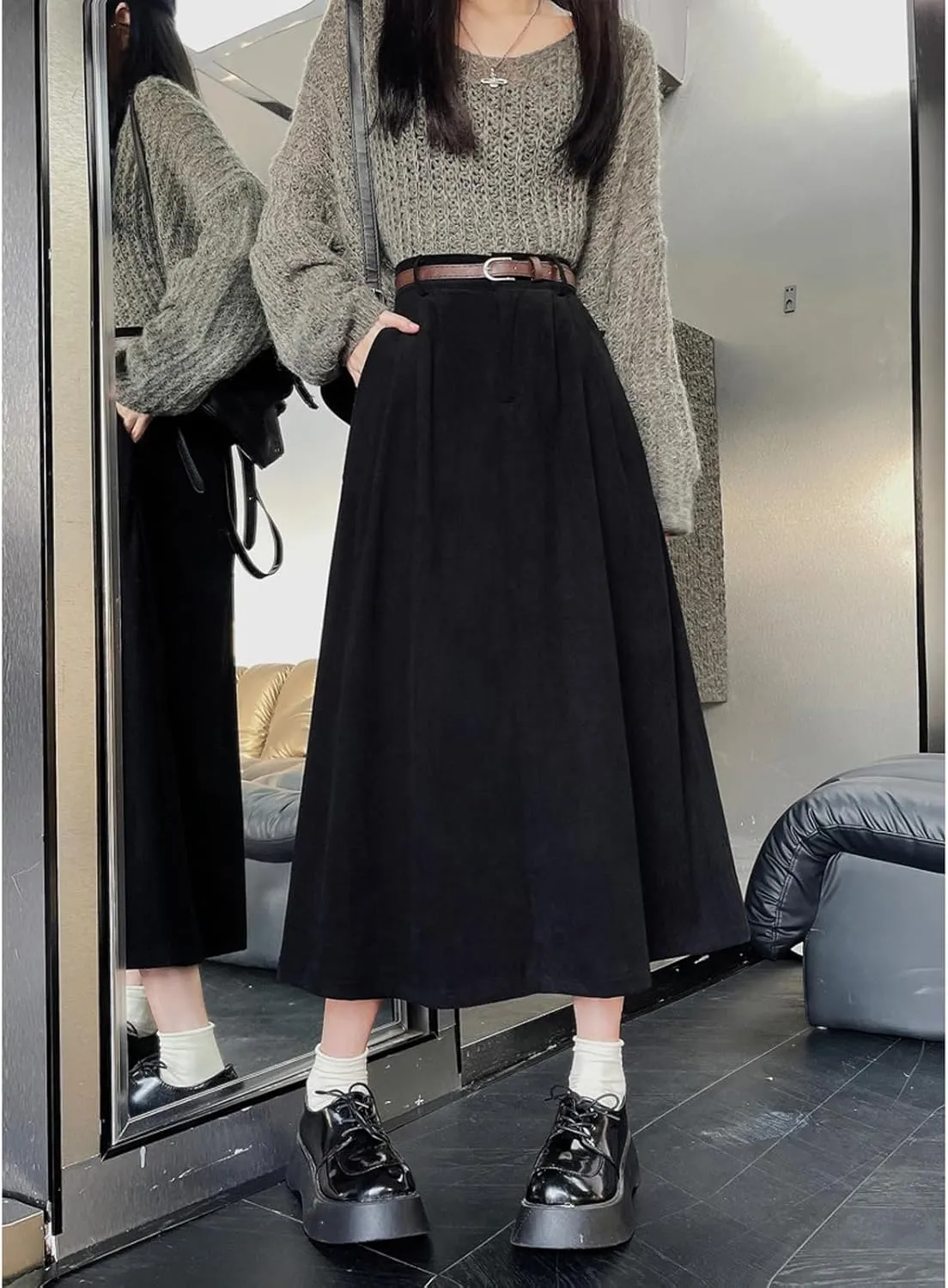 Women's High Waist Midi Skirt Vintage Elastic A-Line Pleated Button Skirts with Pockets