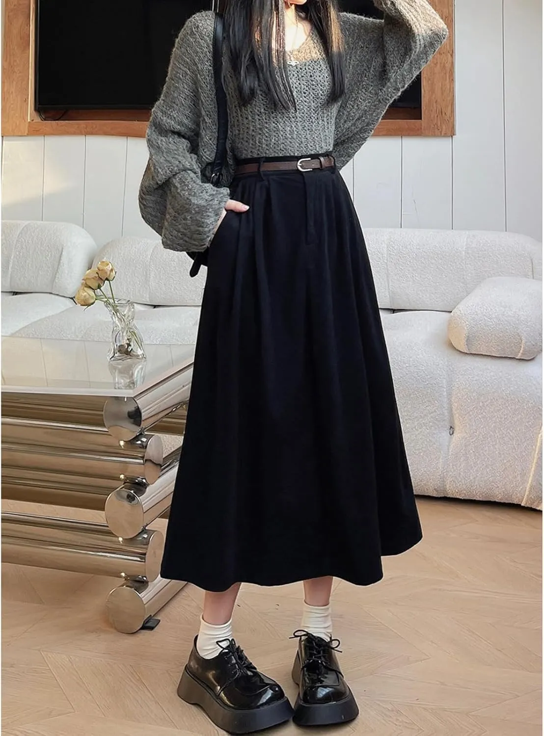 Women's High Waist Midi Skirt Vintage Elastic A-Line Pleated Button Skirts with Pockets