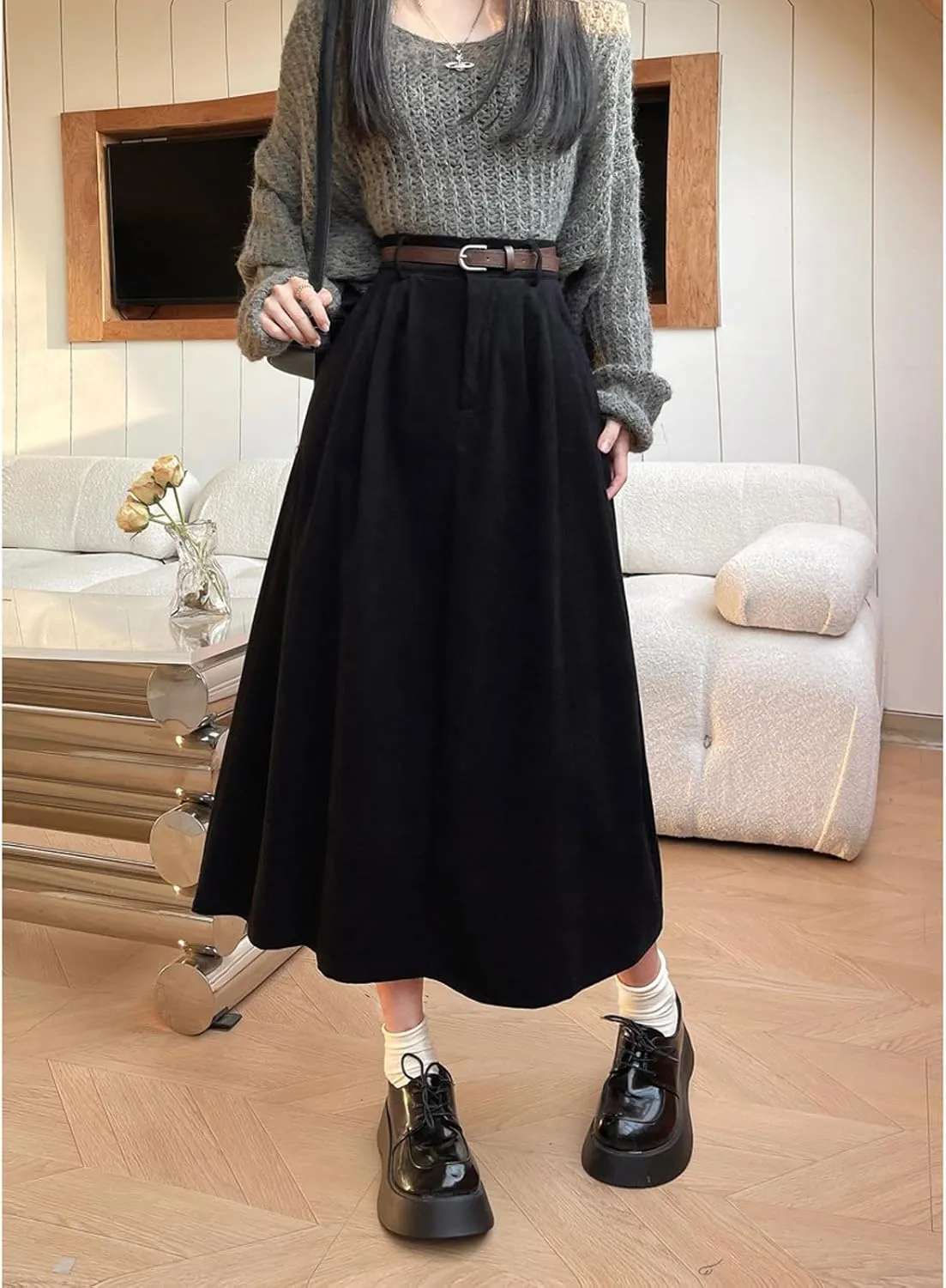 Women's High Waist Midi Skirt Vintage Elastic A-Line Pleated Button Skirts with Pockets