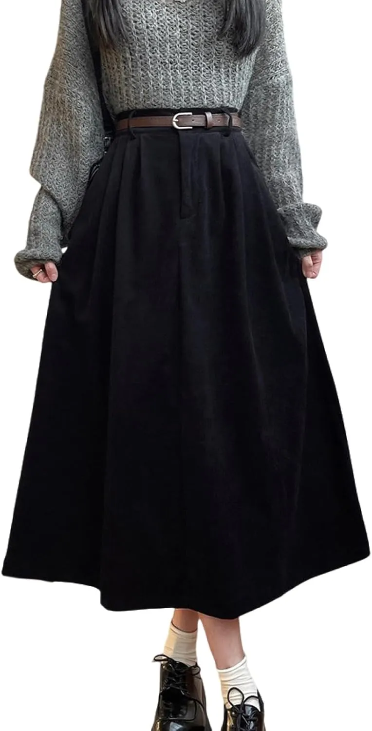 Women's High Waist Midi Skirt Vintage Elastic A-Line Pleated Button Skirts with Pockets