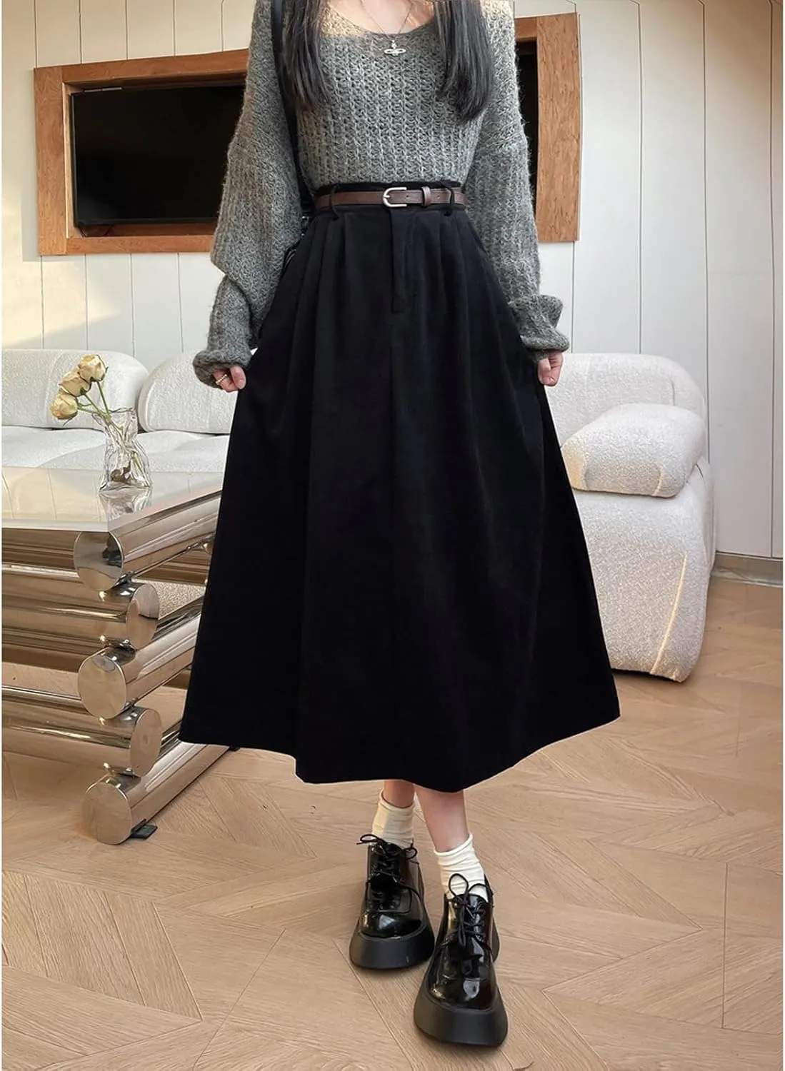 Women's High Waist Midi Skirt Vintage Elastic A-Line Pleated Button Skirts with Pockets