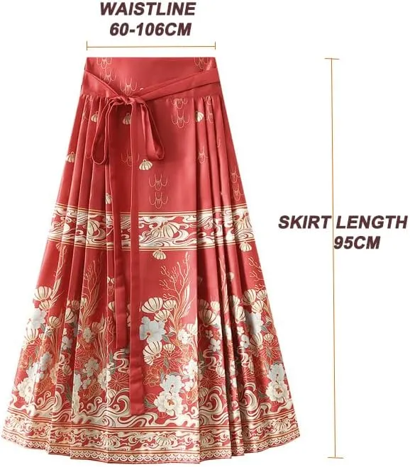Women's Horse Face Skirt Long Swing Pleated Tie Up A-Line Skirt Chinese Style Women Skirts  Hair Tie