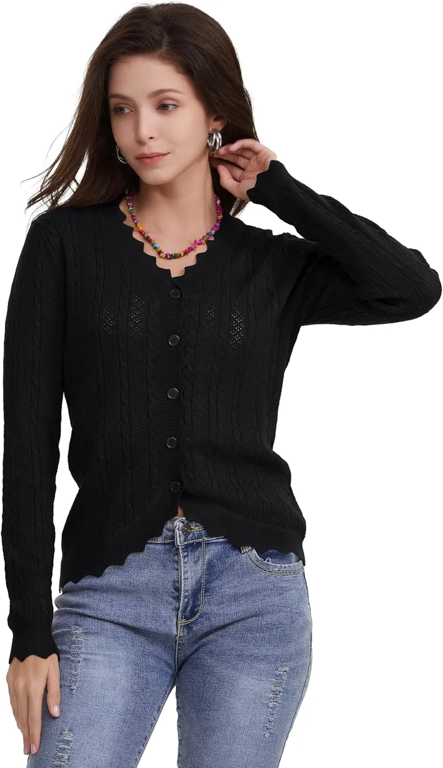 Women's Lace V Neck Hollow-Out Crochet Button Down Knit Slim Cropped Cardigan