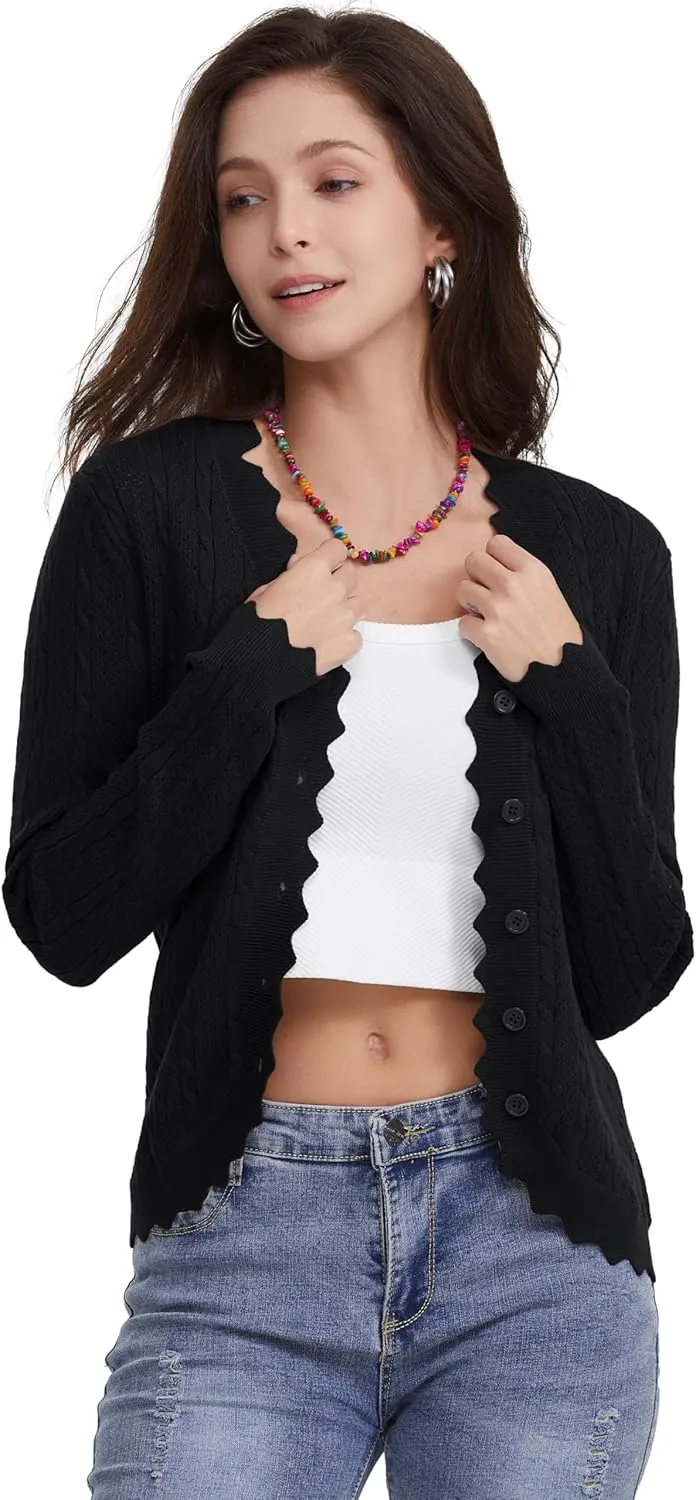 Women's Lace V Neck Hollow-Out Crochet Button Down Knit Slim Cropped Cardigan
