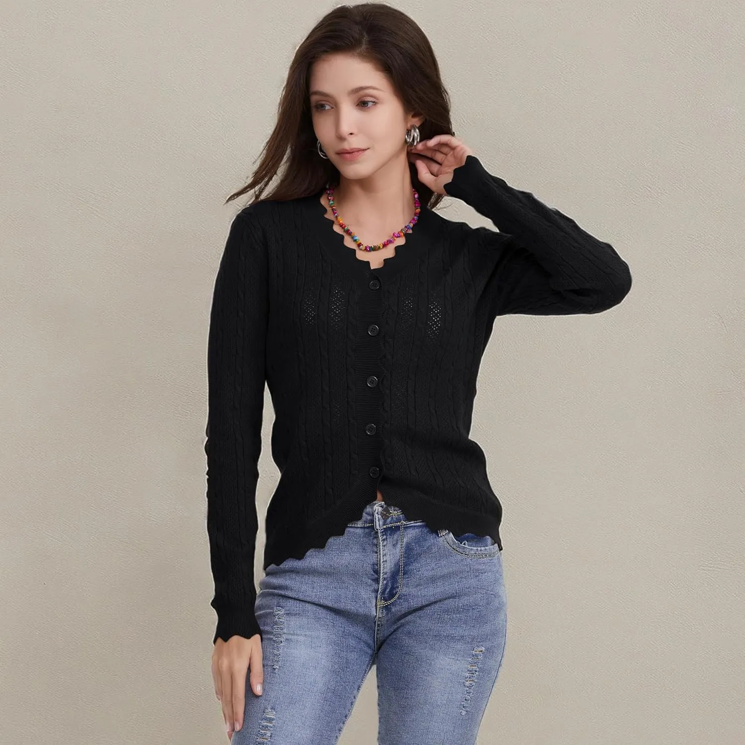 Women's Lace V Neck Hollow-Out Crochet Button Down Knit Slim Cropped Cardigan