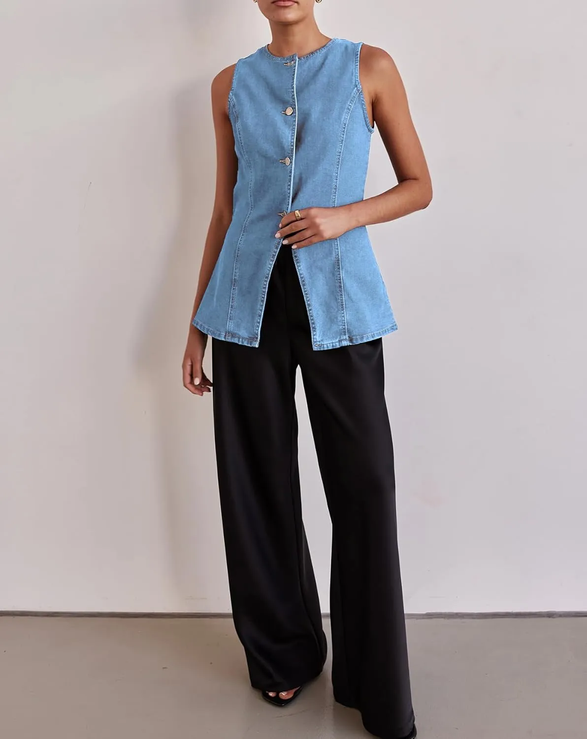 Womens Long Denim Vest Waistcoat Vest Sleeveless Button-Up Back Slit Jean Jacket Vest Y2k Clothes