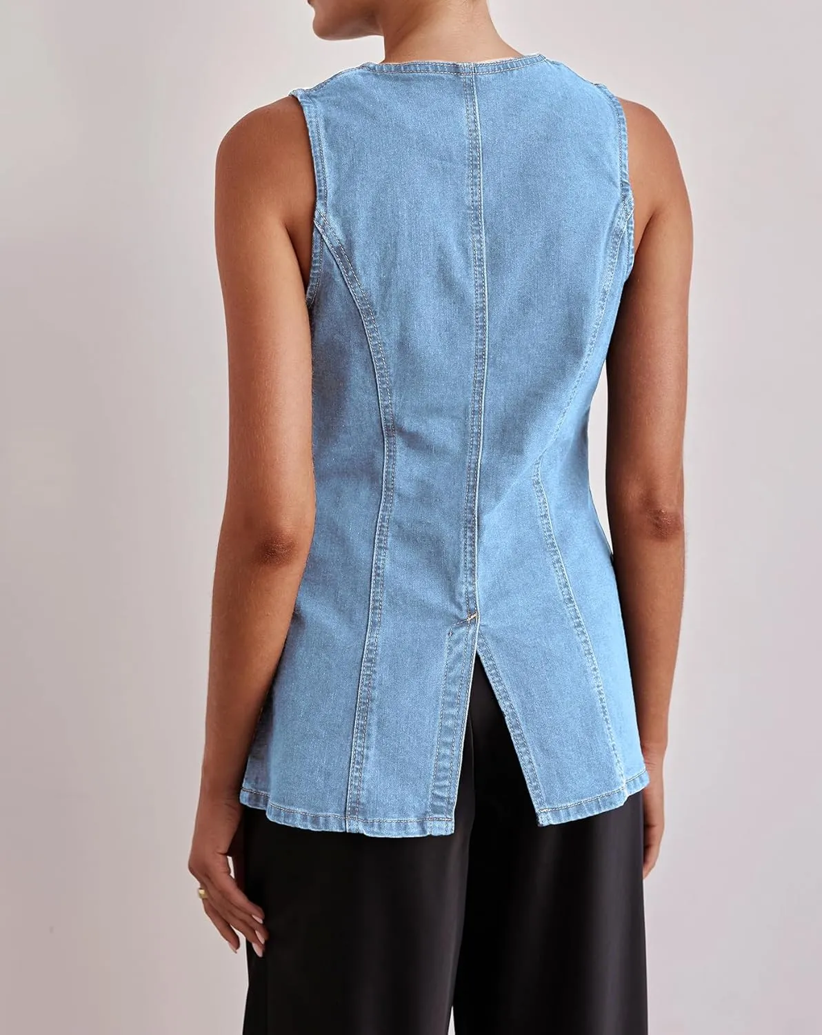 Womens Long Denim Vest Waistcoat Vest Sleeveless Button-Up Back Slit Jean Jacket Vest Y2k Clothes