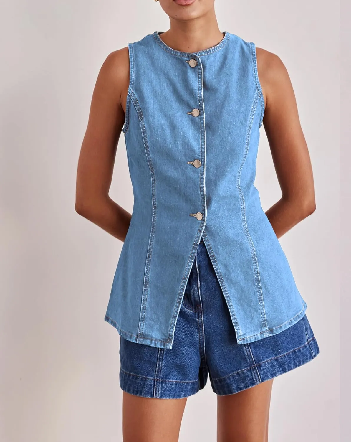 Womens Long Denim Vest Waistcoat Vest Sleeveless Button-Up Back Slit Jean Jacket Vest Y2k Clothes