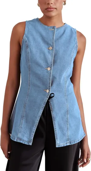 Womens Long Denim Vest Waistcoat Vest Sleeveless Button-Up Back Slit Jean Jacket Vest Y2k Clothes