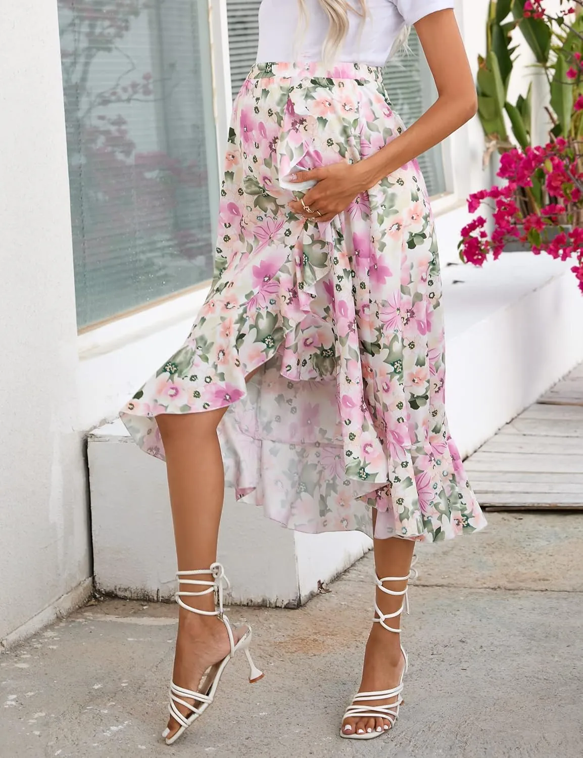 Women's Maternity Midi Skirt Pleated Elastic High Waist