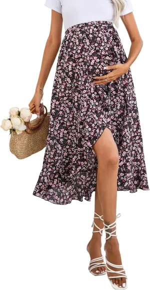 Women's Maternity Midi Skirt Pleated Elastic High Waist