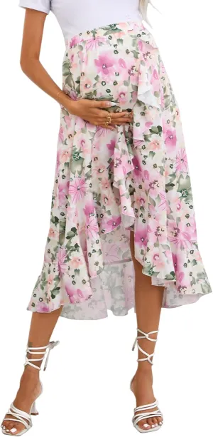 Women's Maternity Midi Skirt Pleated Elastic High Waist