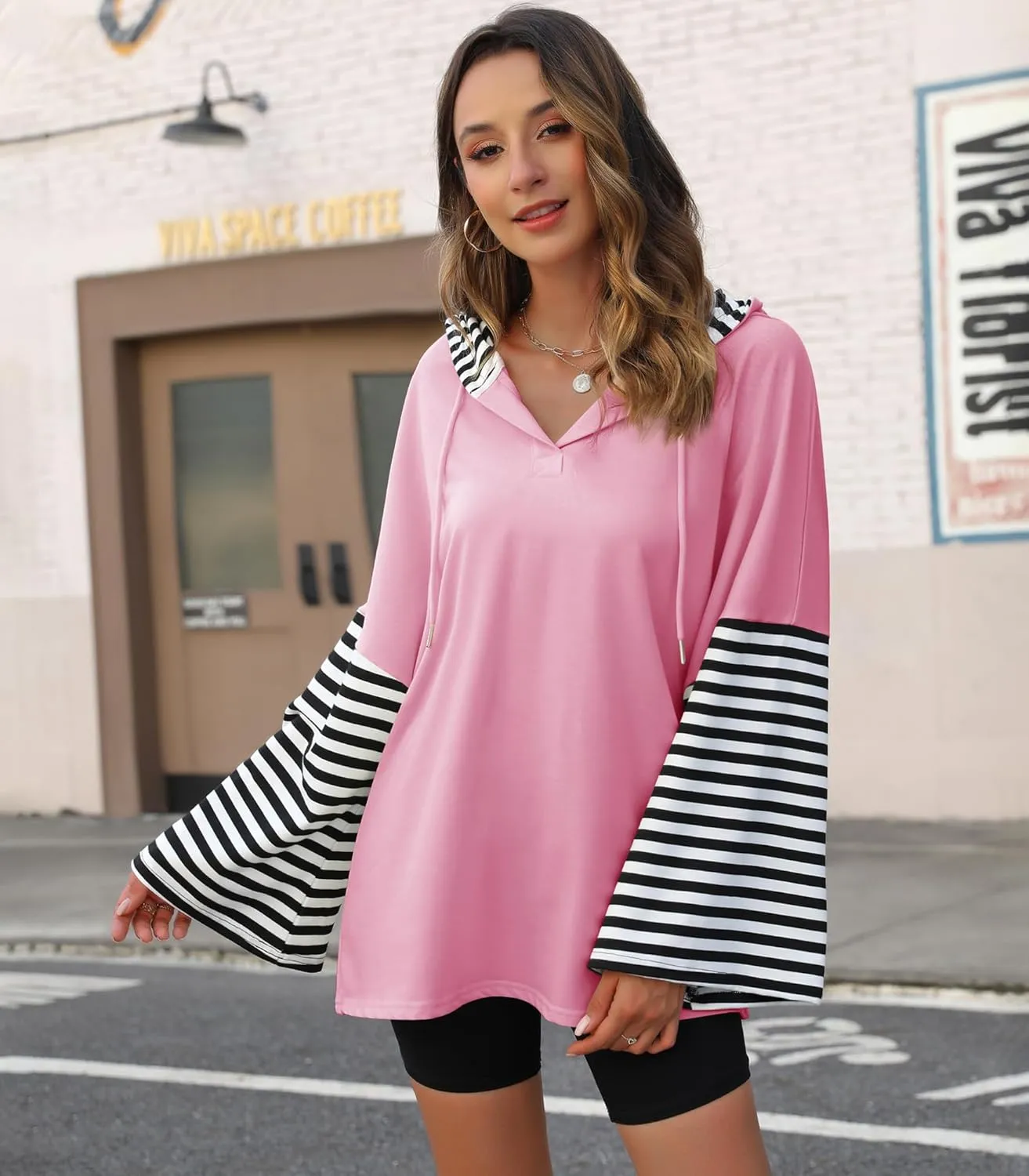 Womens Oversized Hoodie Y2K Casual Striped Sweatshirt Long Sleeve V Neck Pullover Tops Loose Fit Fall Clothes