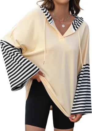 Womens Oversized Hoodie Y2K Casual Striped Sweatshirt Long Sleeve V Neck Pullover Tops Loose Fit Fall Clothes