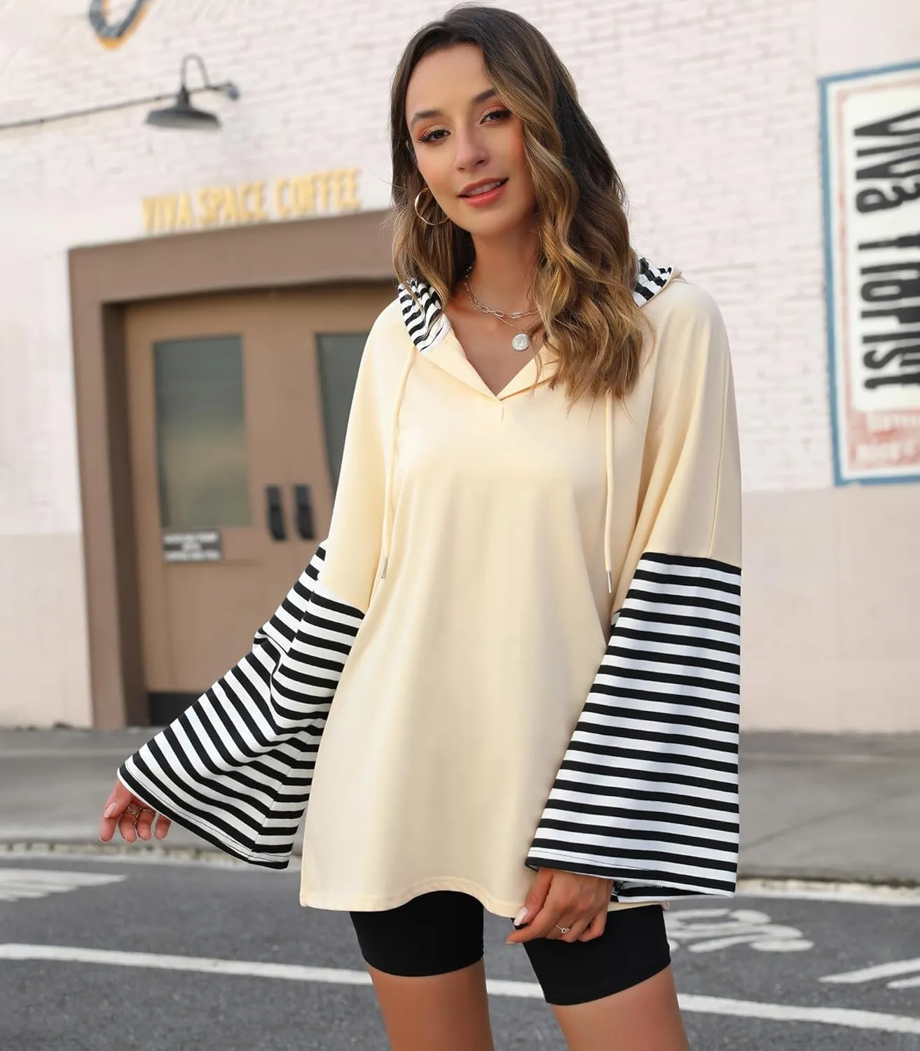 Womens Oversized Hoodie Y2K Casual Striped Sweatshirt Long Sleeve V Neck Pullover Tops Loose Fit Fall Clothes
