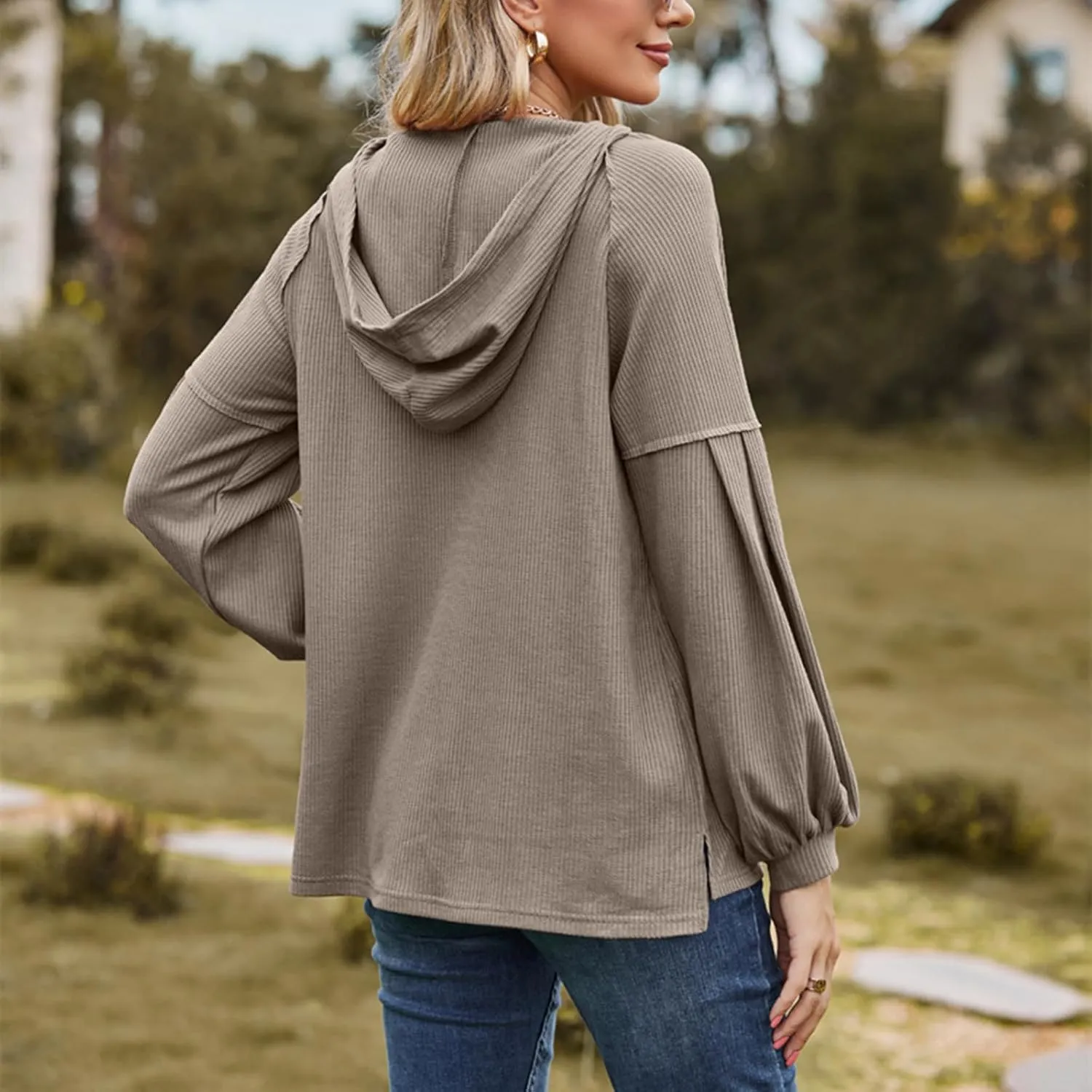 Women's Oversized Hoodies Sweatshirts,Solid Loose Pullover Long-Sleeved T-shirt,Casual Button V Neck Hooded Tops