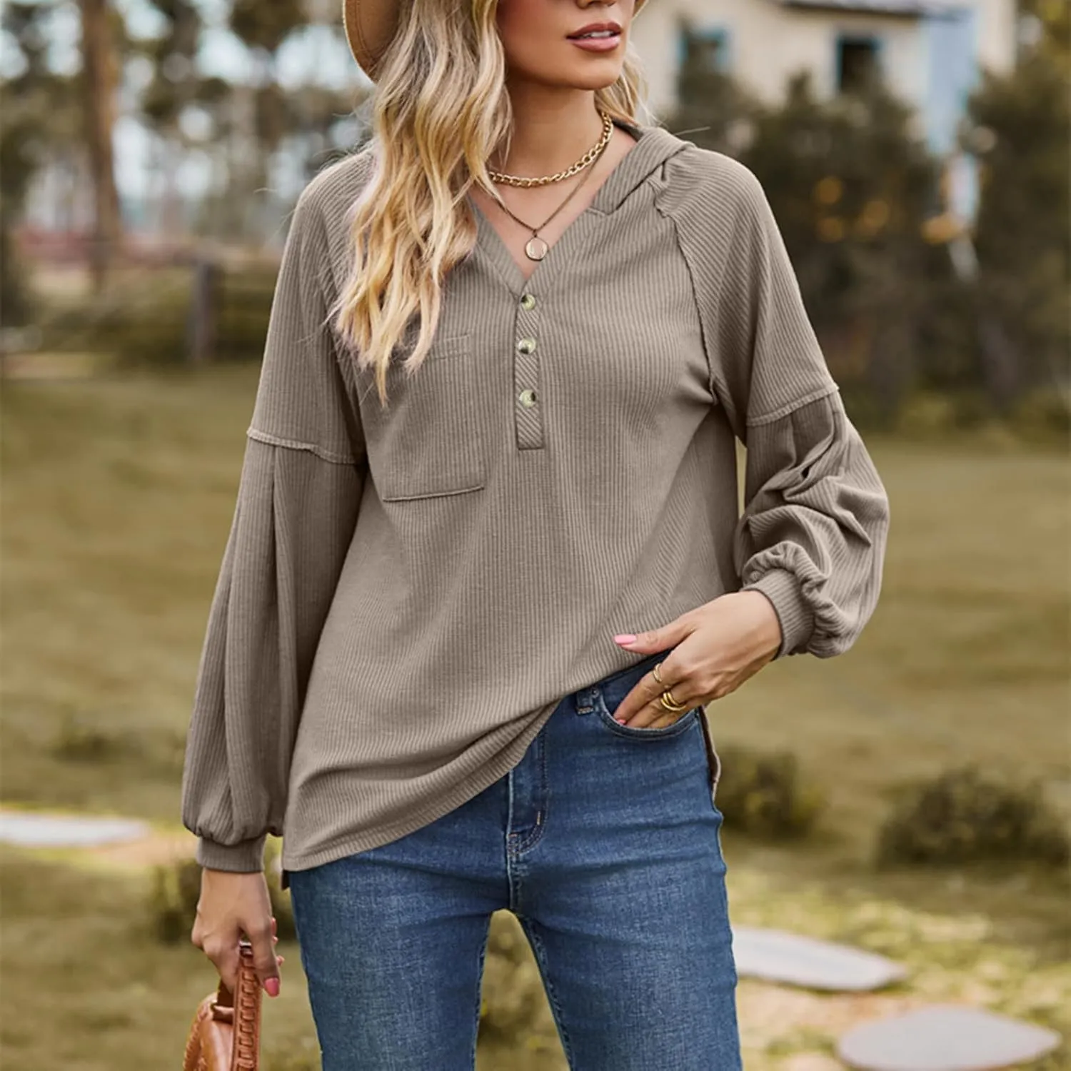 Women's Oversized Hoodies Sweatshirts,Solid Loose Pullover Long-Sleeved T-shirt,Casual Button V Neck Hooded Tops