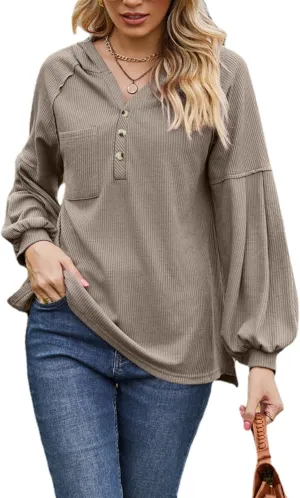 Women's Oversized Hoodies Sweatshirts,Solid Loose Pullover Long-Sleeved T-shirt,Casual Button V Neck Hooded Tops