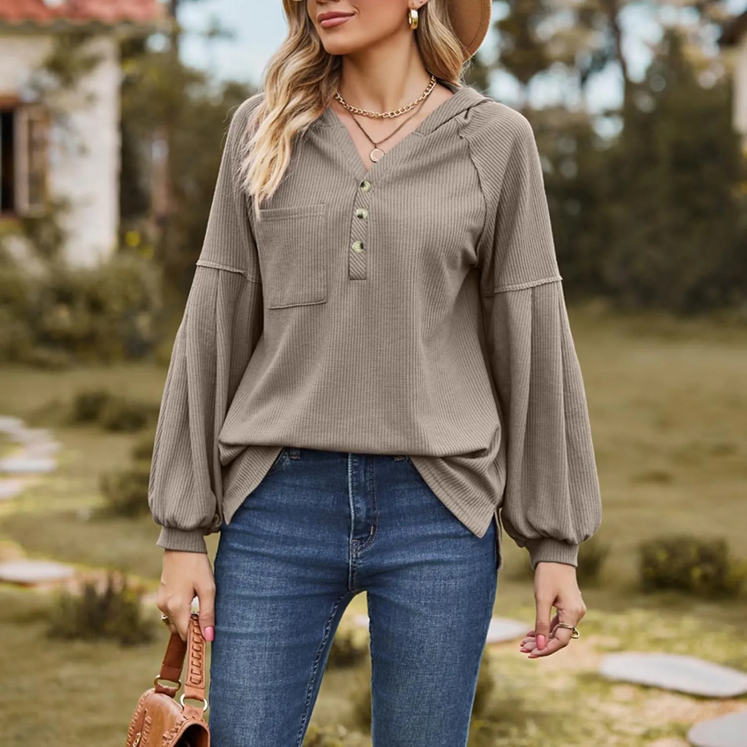 Women's Oversized Hoodies Sweatshirts,Solid Loose Pullover Long-Sleeved T-shirt,Casual Button V Neck Hooded Tops