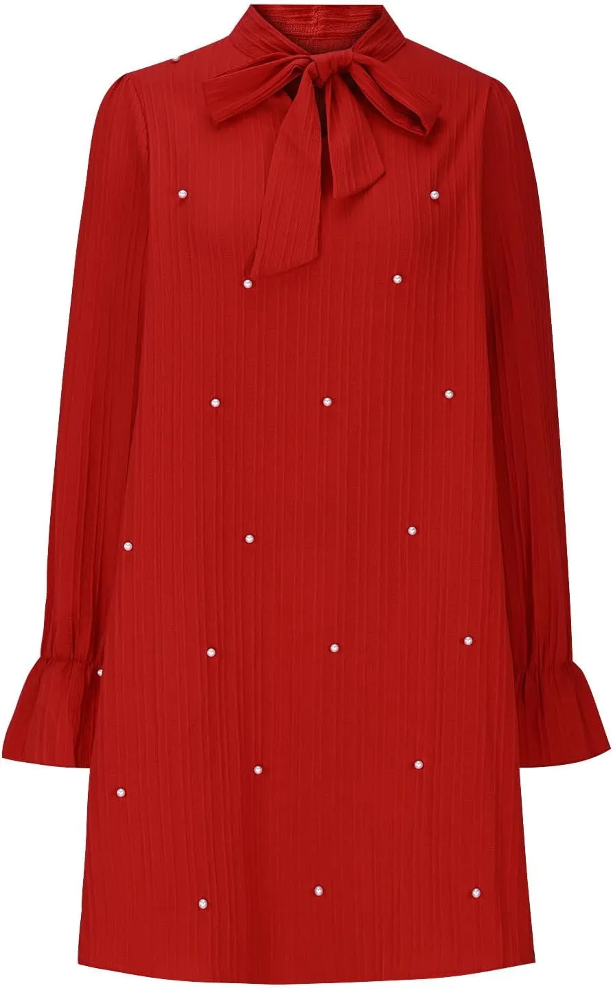 Women's Pearl Decor Flare Long Sleeve Mini Dress Bow Tie Front Dress Solid Color Loose Temperament Elegant Dresses