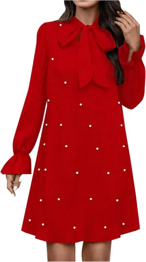 Women's Pearl Decor Flare Long Sleeve Mini Dress Bow Tie Front Dress Solid Color Loose Temperament Elegant Dresses