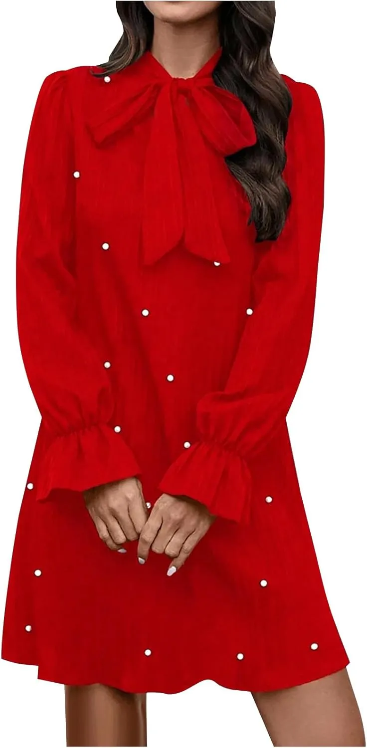 Women's Pearl Decor Flare Long Sleeve Mini Dress Bow Tie Front Dress Solid Color Loose Temperament Elegant Dresses