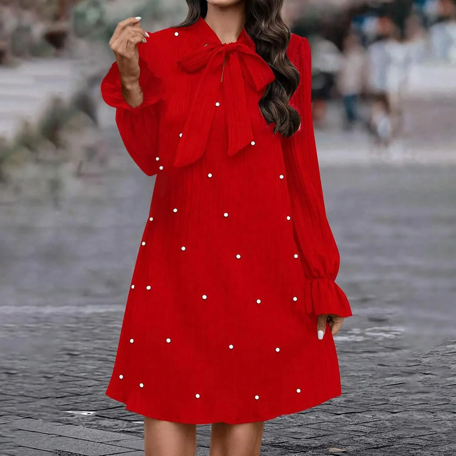 Women's Pearl Decor Flare Long Sleeve Mini Dress Bow Tie Front Dress Solid Color Loose Temperament Elegant Dresses