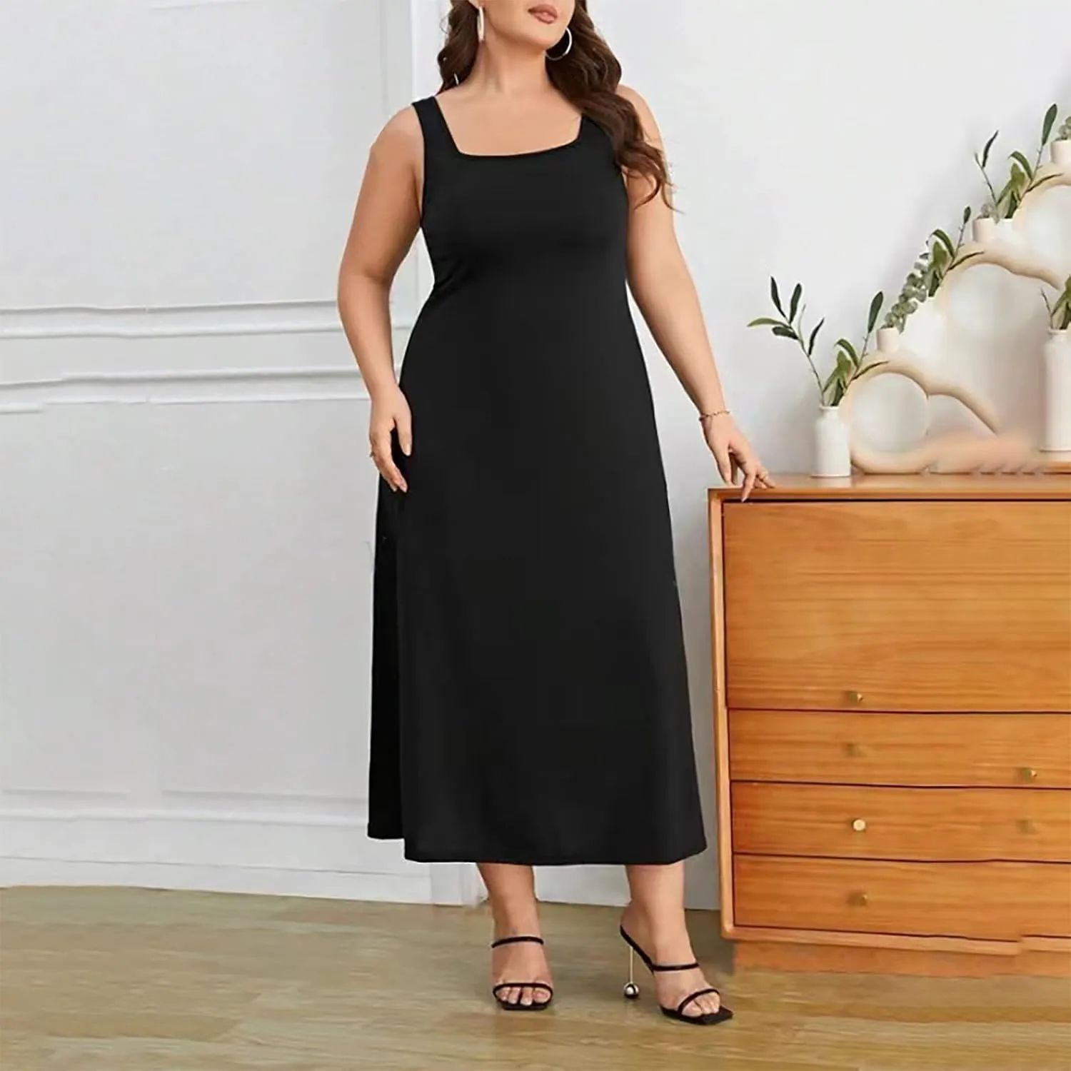 Women's Plus Size Square Neck Solid Color Midi Dress Sexy Cute Summer Tank Dresses Casual Elegant Tunic Long Dress