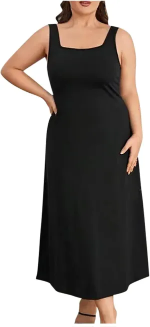 Women's Plus Size Square Neck Solid Color Midi Dress Sexy Cute Summer Tank Dresses Casual Elegant Tunic Long Dress