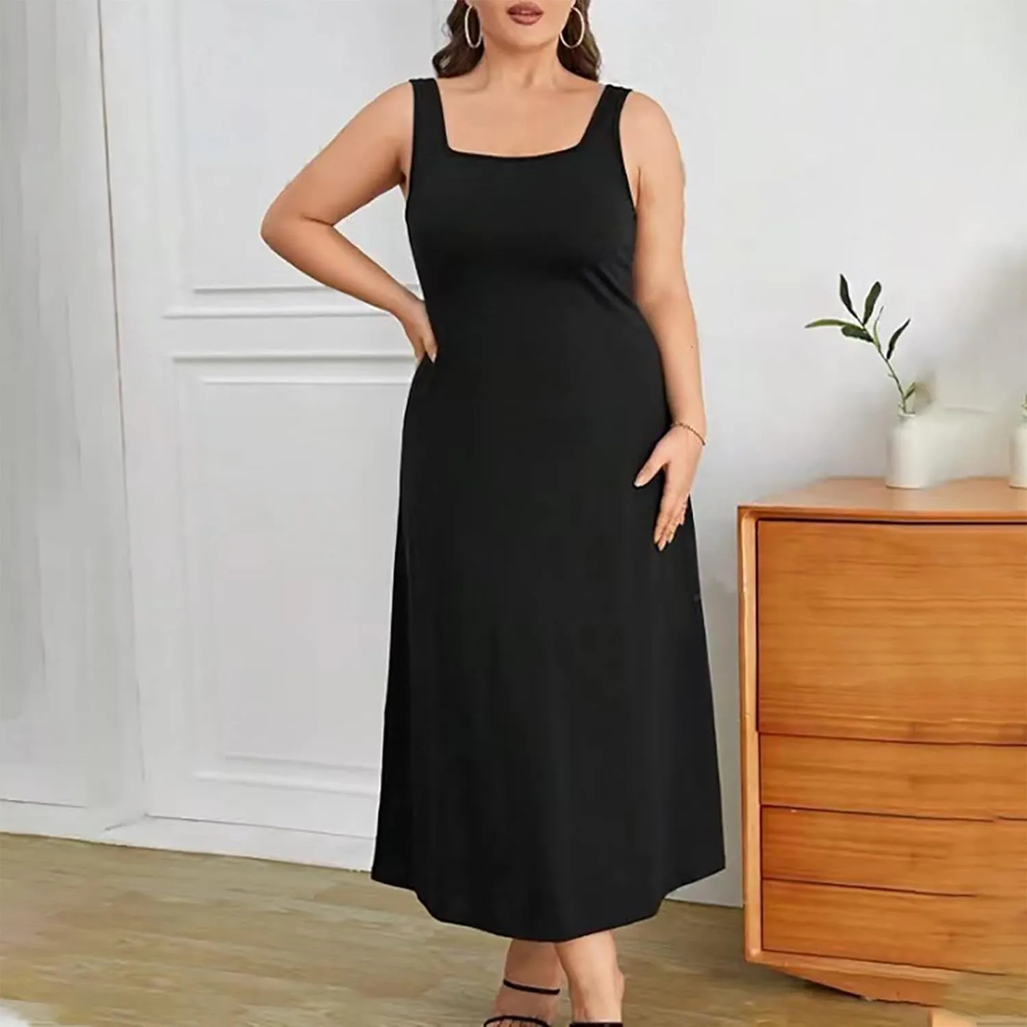 Women's Plus Size Square Neck Solid Color Midi Dress Sexy Cute Summer Tank Dresses Casual Elegant Tunic Long Dress