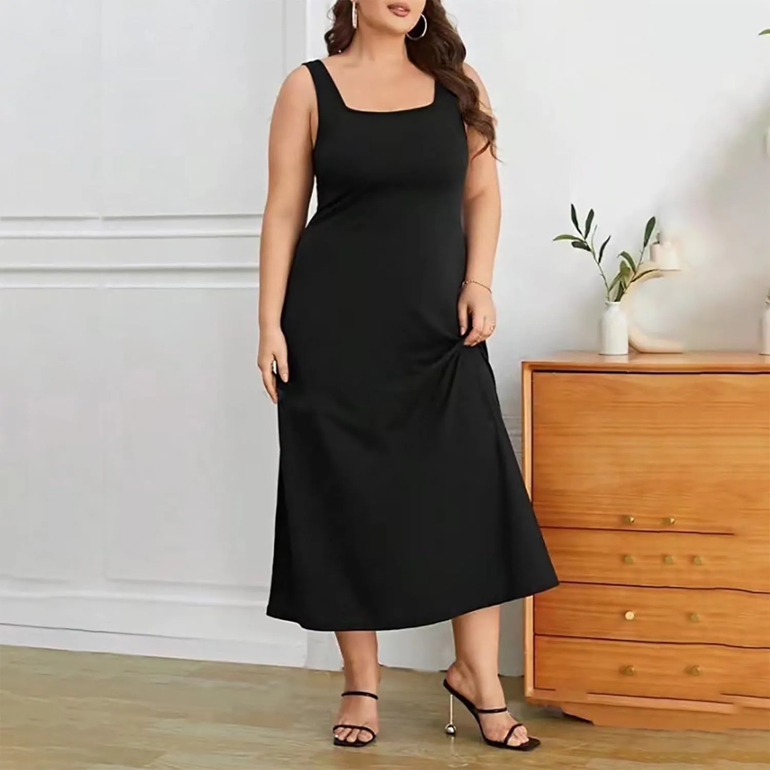 Women's Plus Size Square Neck Solid Color Midi Dress Sexy Cute Summer Tank Dresses Casual Elegant Tunic Long Dress