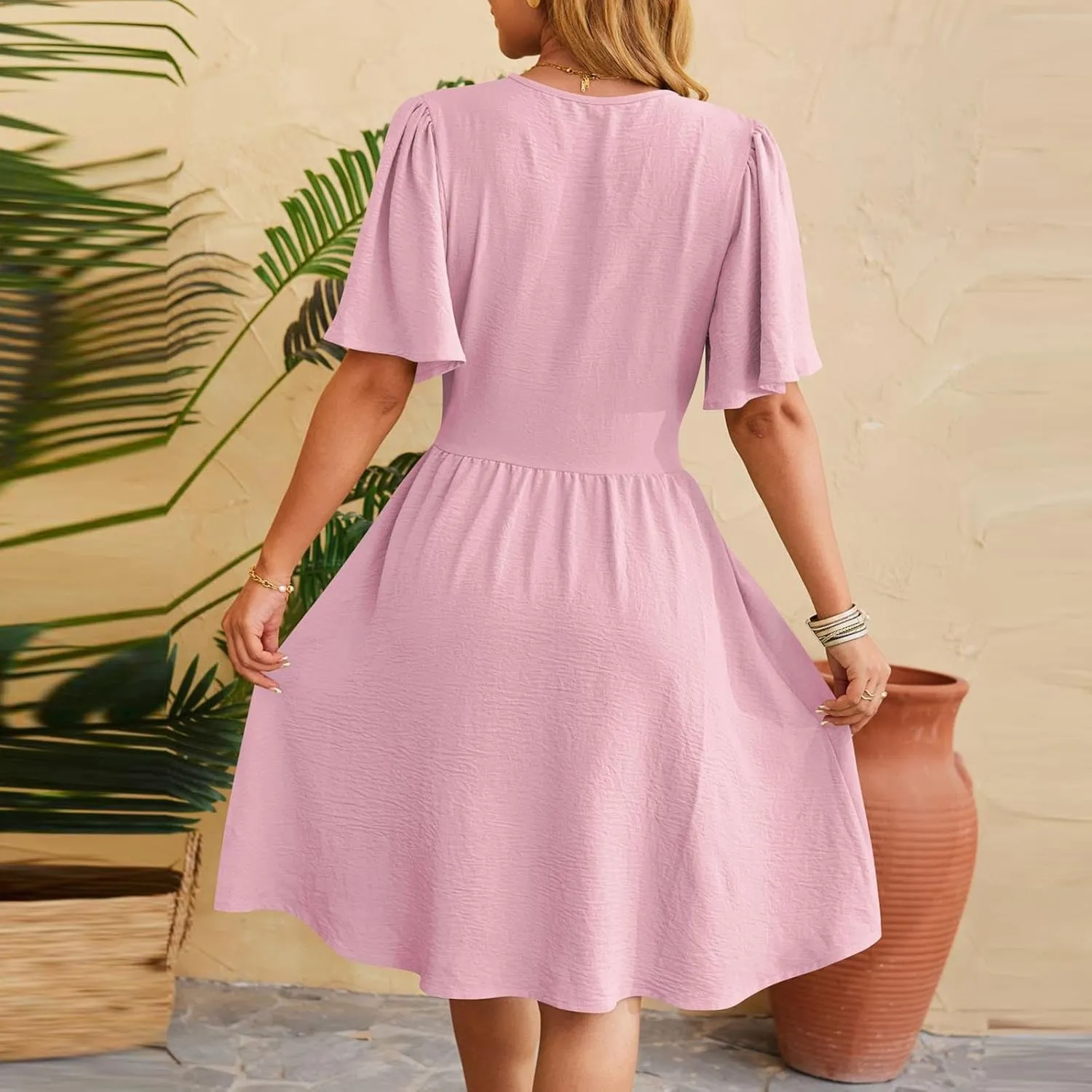 Women's Ruffle Cap Sleeve Dress 2025 Wrap V Neck Flared Dresses Elastic Waist Tiered Smocked Belted Hem Mini Dress