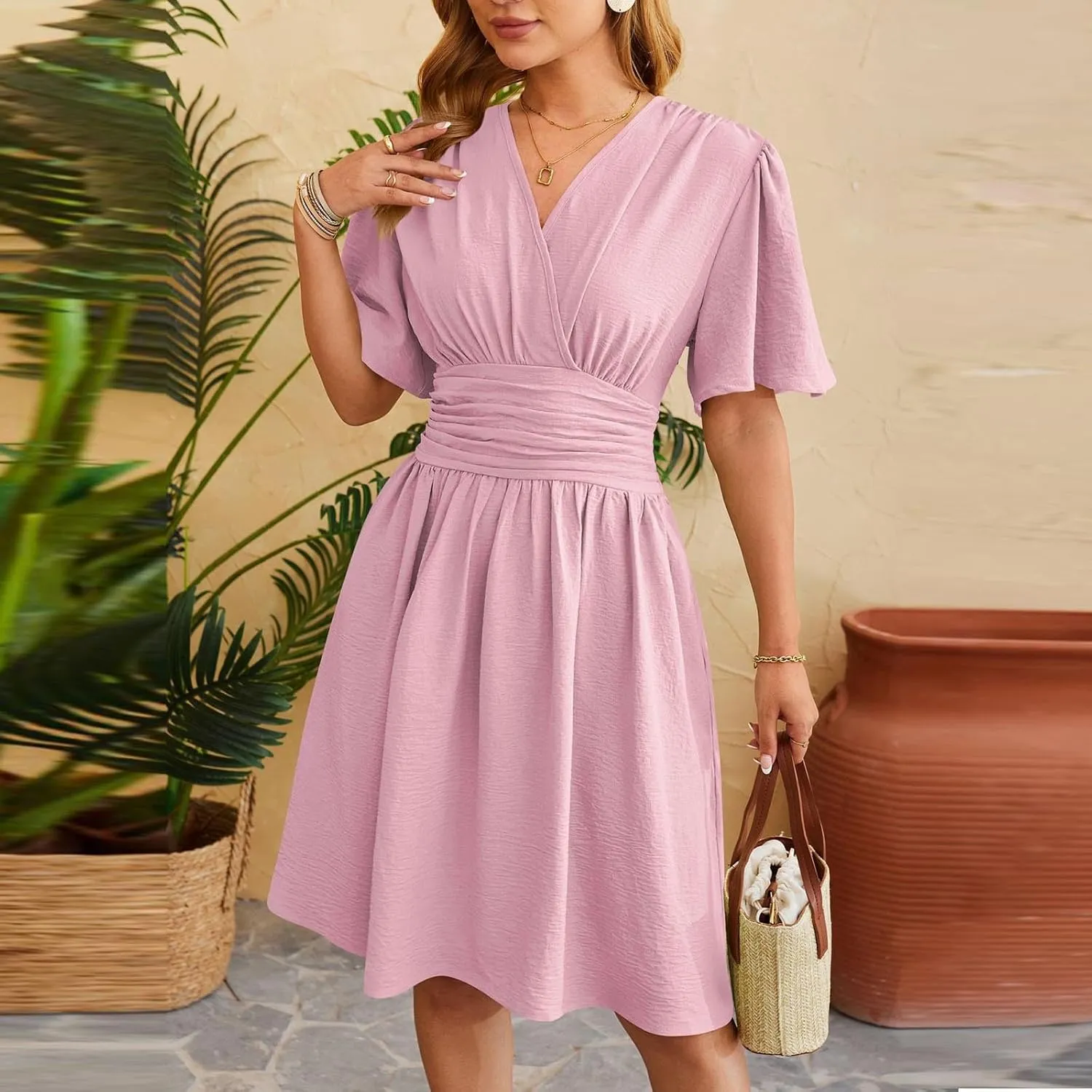 Women's Ruffle Cap Sleeve Dress 2025 Wrap V Neck Flared Dresses Elastic Waist Tiered Smocked Belted Hem Mini Dress