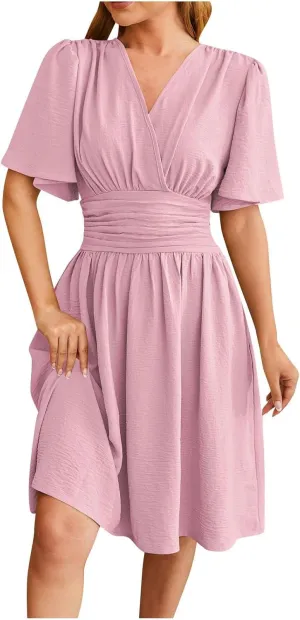 Women's Ruffle Cap Sleeve Dress 2025 Wrap V Neck Flared Dresses Elastic Waist Tiered Smocked Belted Hem Mini Dress