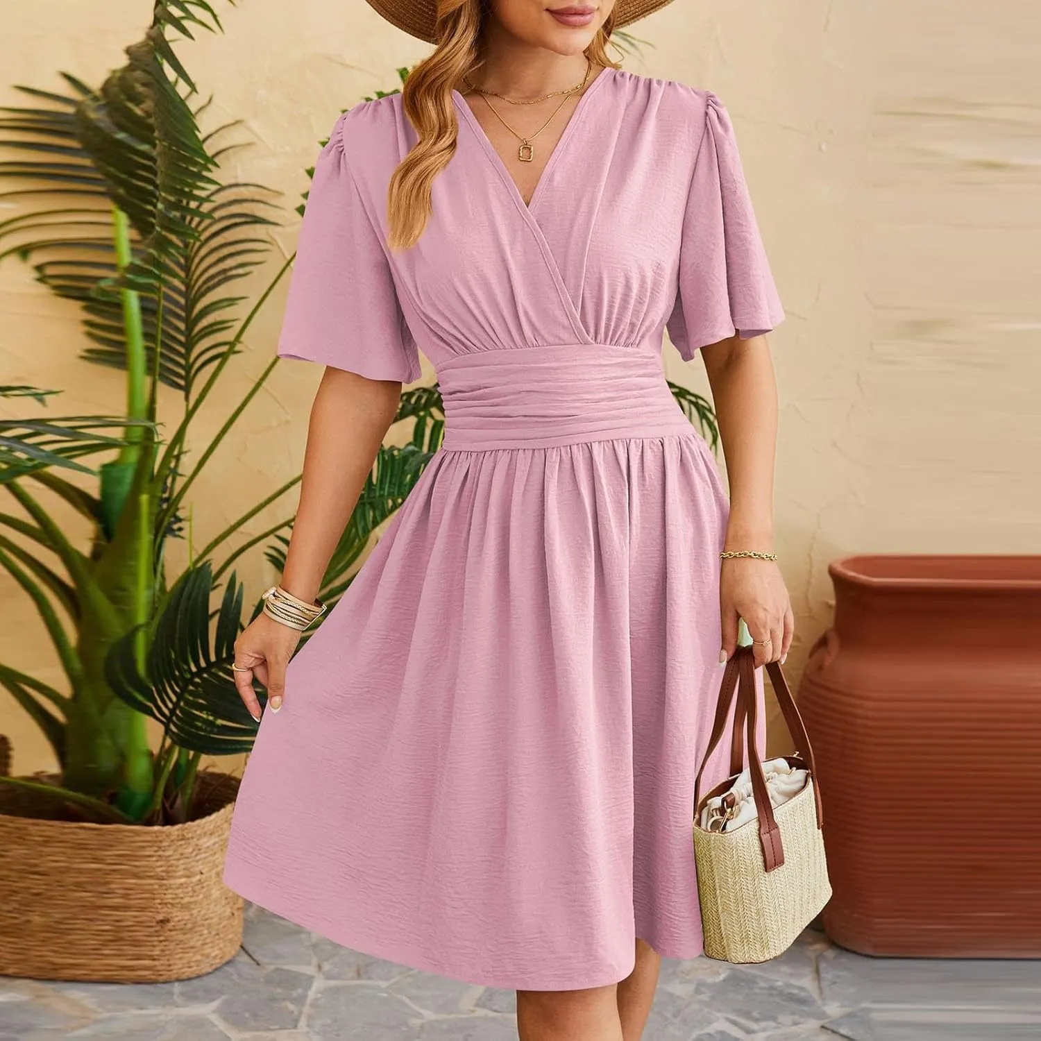 Women's Ruffle Cap Sleeve Dress 2025 Wrap V Neck Flared Dresses Elastic Waist Tiered Smocked Belted Hem Mini Dress