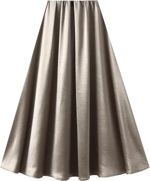 Women's Satin Skirts Long Length High Waisted Solid Color A-Line Luxury Wedding Dress Up Pleated Flowy Midi Skirt