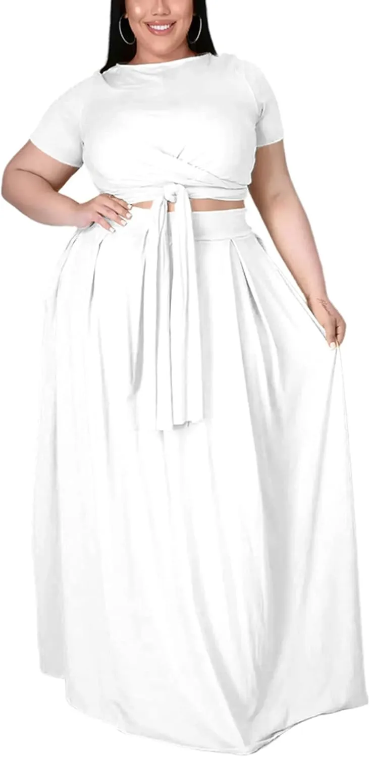 Womens Sexy Plus Size 2 Piece Dress Outfits Short Sleeve Bandage Wrap Empire Crop Tops and Skirt Sets