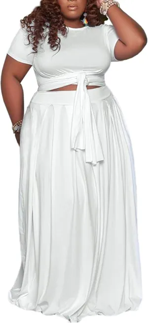 Womens Sexy Plus Size 2 Piece Dress Outfits Short Sleeve Bandage Wrap Empire Crop Tops and Skirt Sets