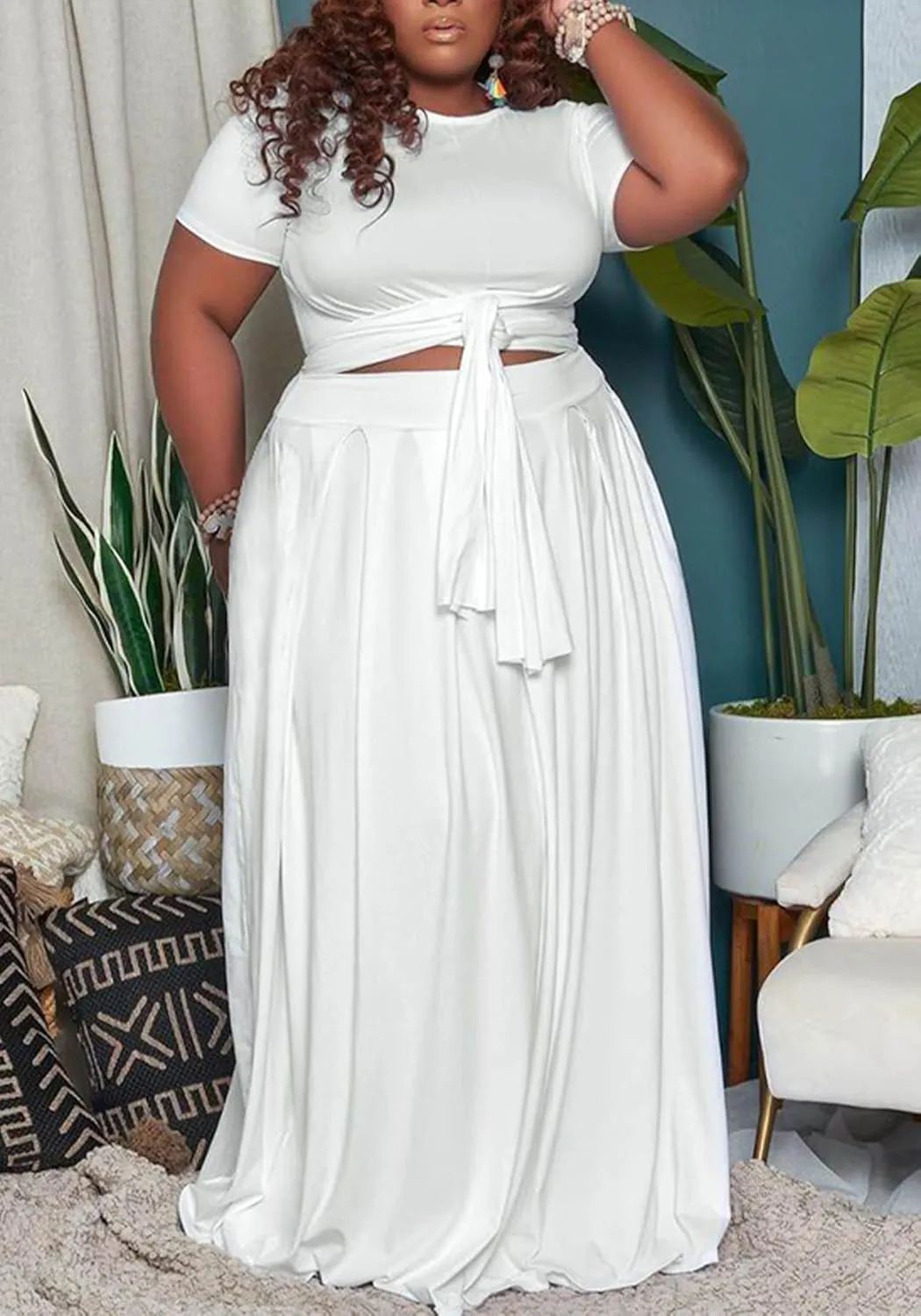Womens Sexy Plus Size 2 Piece Dress Outfits Short Sleeve Bandage Wrap Empire Crop Tops and Skirt Sets