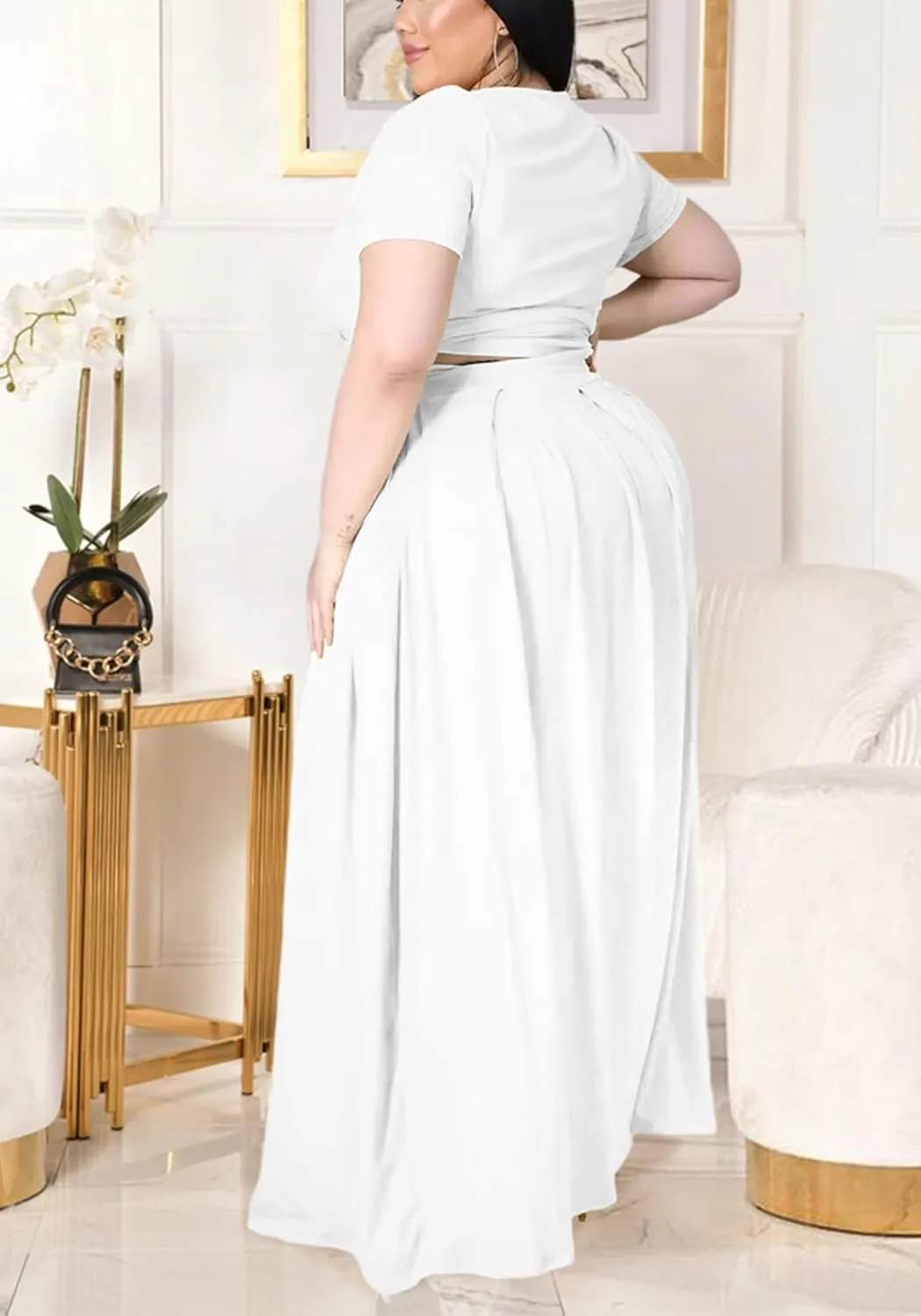Womens Sexy Plus Size 2 Piece Dress Outfits Short Sleeve Bandage Wrap Empire Crop Tops and Skirt Sets