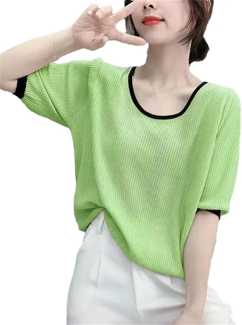 Women's Solid Color T-Shirt Top Thin Ice Silk Knitted Short-Sleeved Clothing Camisole