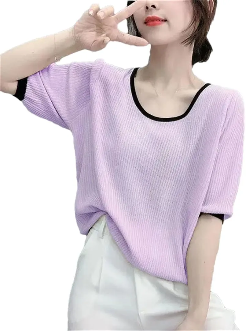 Women's Solid Color T-Shirt Top Thin Ice Silk Knitted Short-Sleeved Clothing Camisole