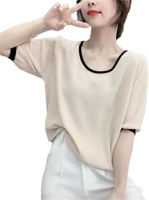 Women's Solid Color T-Shirt Top Thin Ice Silk Knitted Short-Sleeved Clothing Camisole