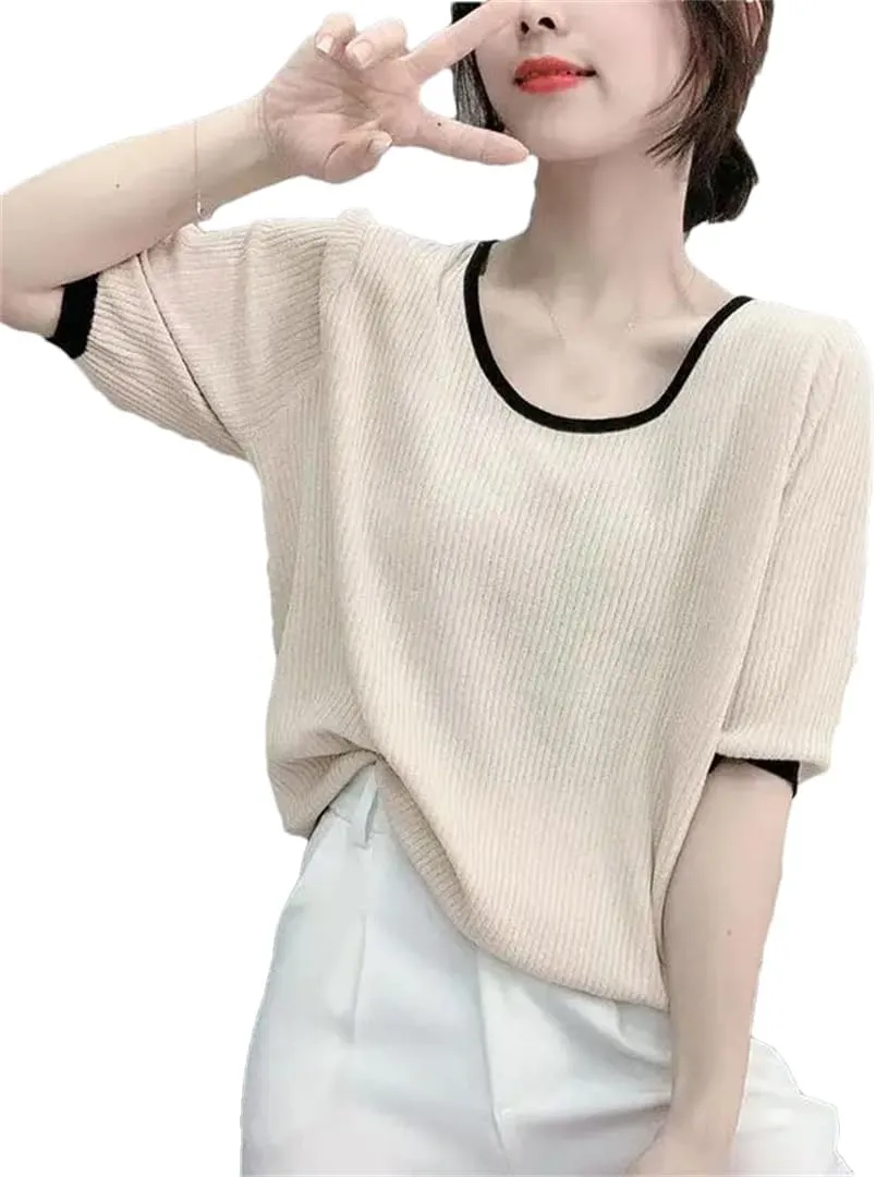 Women's Solid Color T-Shirt Top Thin Ice Silk Knitted Short-Sleeved Clothing Camisole