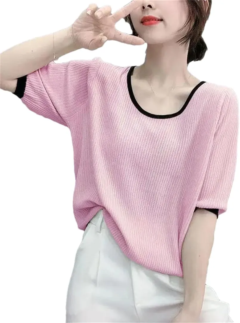 Women's Solid Color T-Shirt Top Thin Ice Silk Knitted Short-Sleeved Clothing Camisole