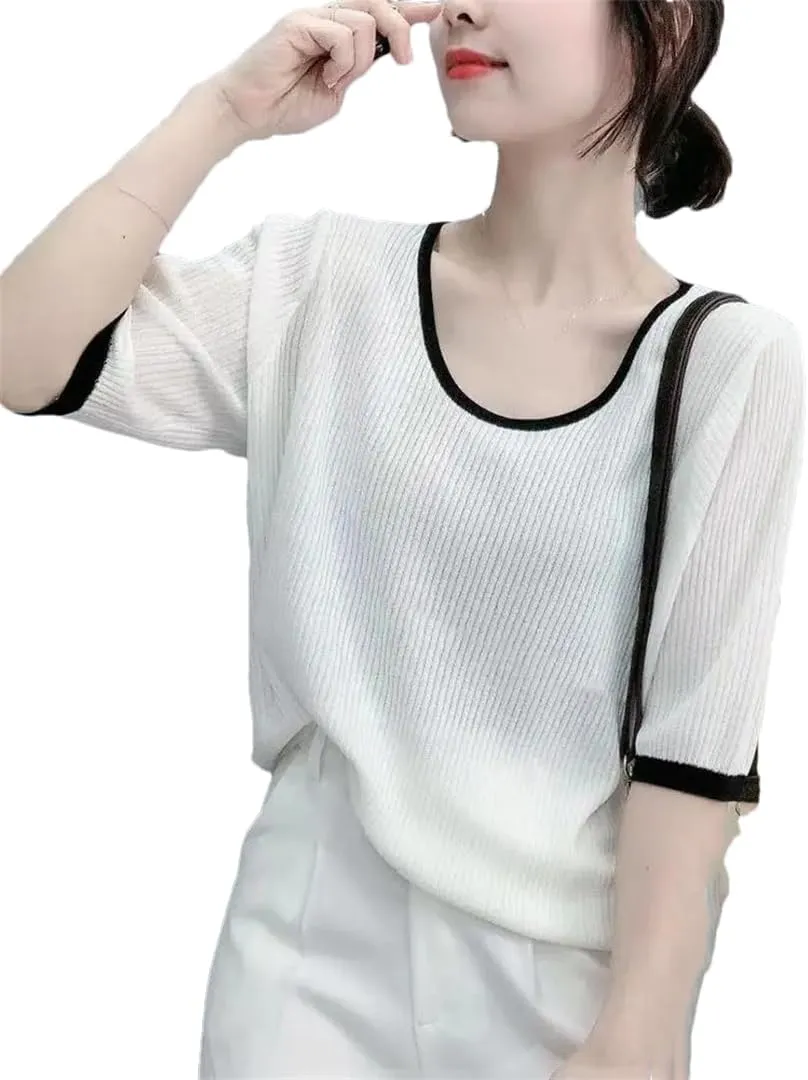 Women's Solid Color T-Shirt Top Thin Ice Silk Knitted Short-Sleeved Clothing Camisole