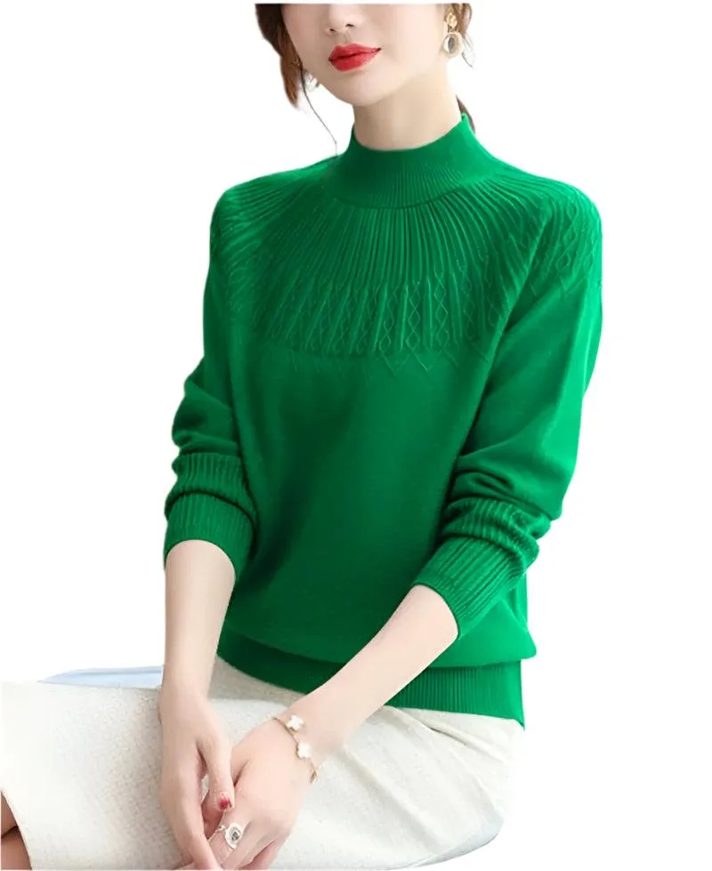 Women's Solid Half-High Collar Cashmere Sweater – Loose Knit Wool Casual Top