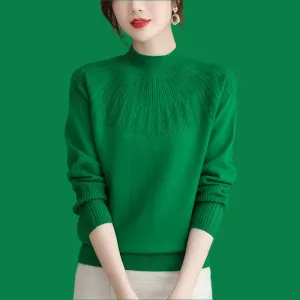 Women's Solid Half-High Collar Cashmere Sweater – Loose Knit Wool Casual Top