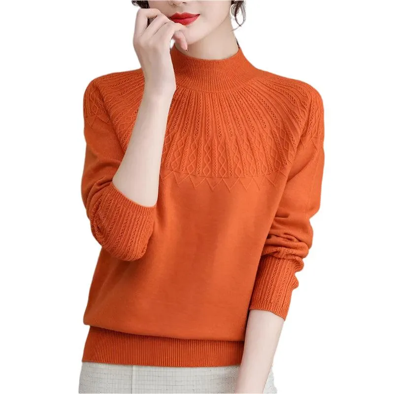 Women's Solid Half-High Collar Cashmere Sweater – Loose Knit Wool Casual Top