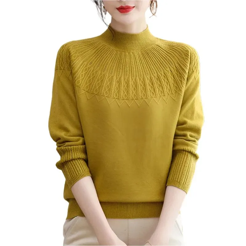 Women's Solid Half-High Collar Cashmere Sweater – Loose Knit Wool Casual Top